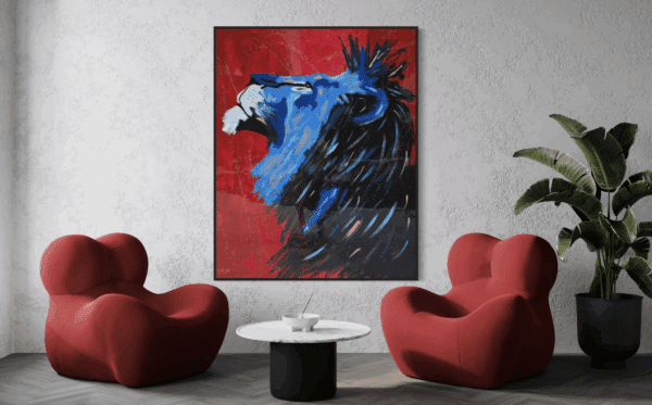 Blood and Blue lion art work displayed in modern interior setting